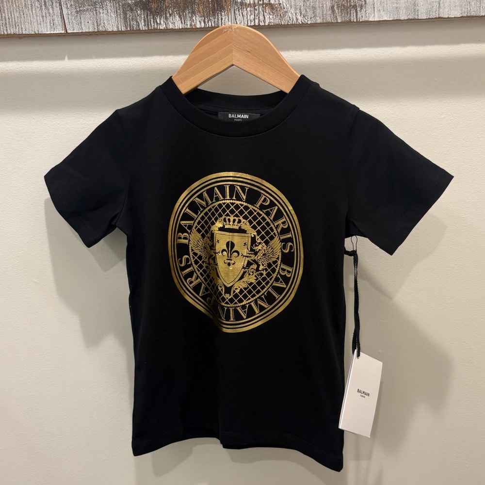 BALMAIN PARIS Kids Black Tee with Gold Emblem NWT